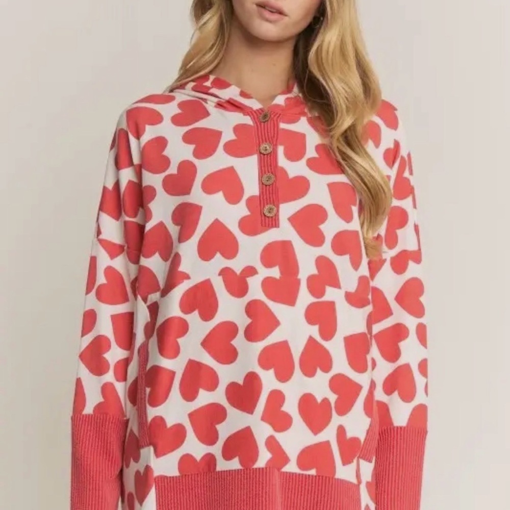 New Heimish hoodie top hearts red long sleeves sz S M L - Picture 4 of 4